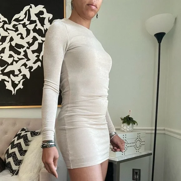Forever 21 Nude Shimmering Side Cut Out Long Sleeve Mini Dress - Picture 3 of 7